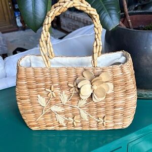 Adorable Tan Woven Handbag with Wooden Floral Accents
